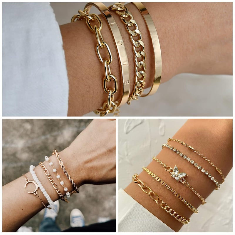 IFKM Gold Plated Jewelry Set for Women,14k Gold Plated Multi Layer Necklaces Stackable Bangle Bracelets Stackable Knuckle Rings Hoop Earrings Set Anniversary Trendy Elegance Charms Anniversary Birthday Jewelry Gift - Image 3